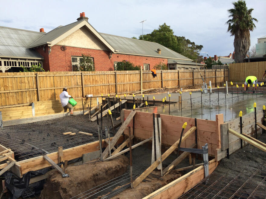 Wooden formwork set up for a new concrete house slab foundation in Melbourne