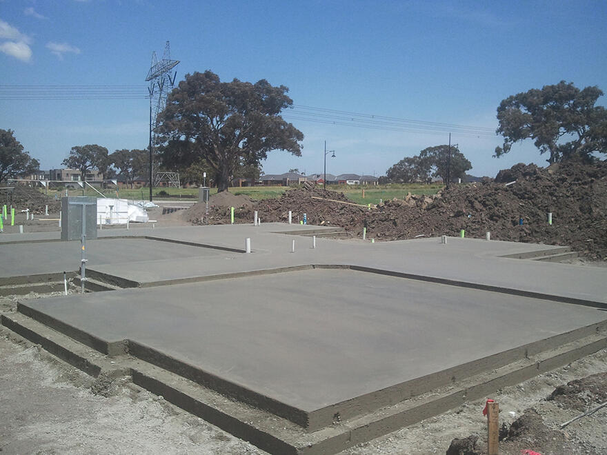 A completed concrete slab foundation