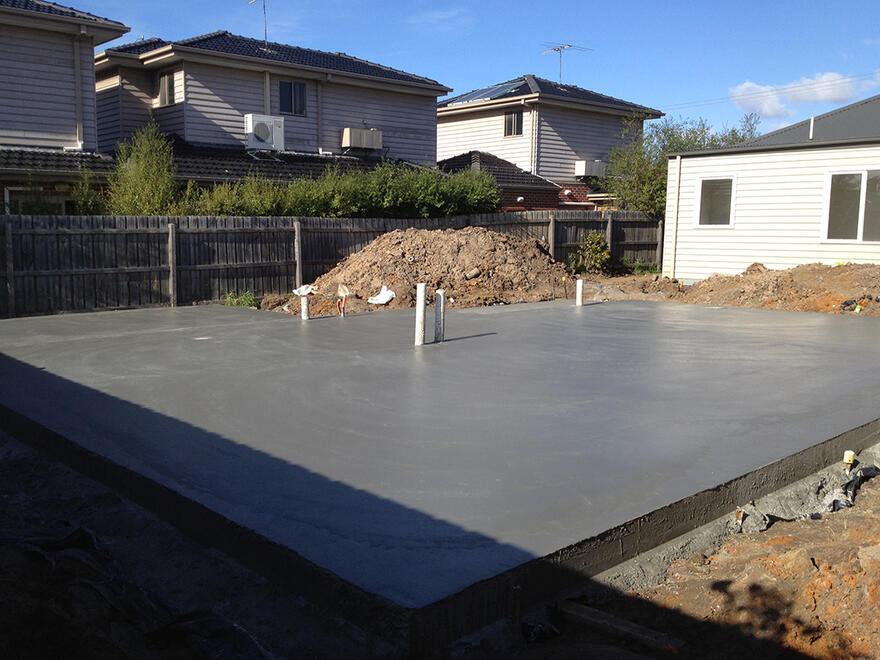 Concrete house slab foundation prepared for a new home build in Melbourne