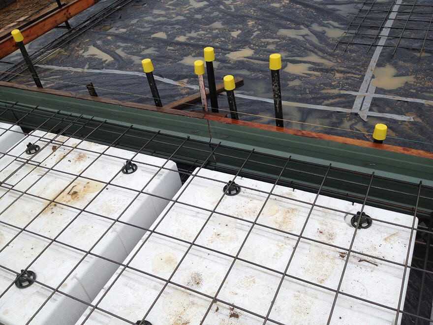 Waffle pod house slab with steel reinforcement under construction in Melbourne